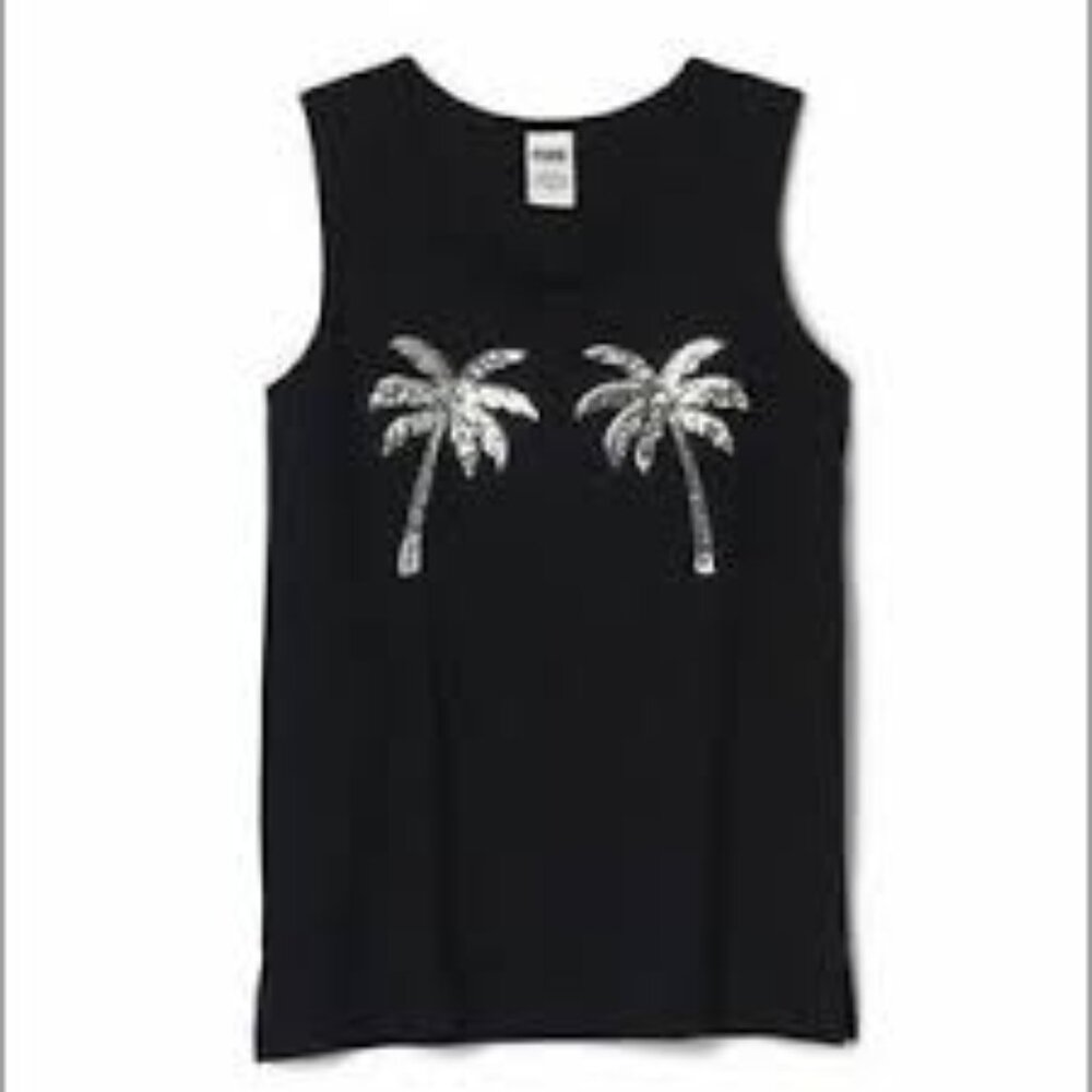 NWOT PINK Victoria's Secret Bling Sequin Double Palm Tree Muscle Tee XS